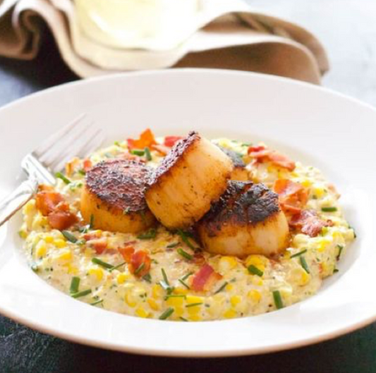 Seared King Trumpet Scallops with Smoky Sweet Corn Puree